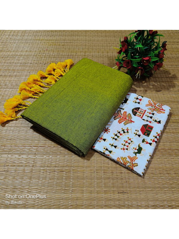 Plain khadi with Blouse(parrot green) Plain khadi with Blouse(parrot green)